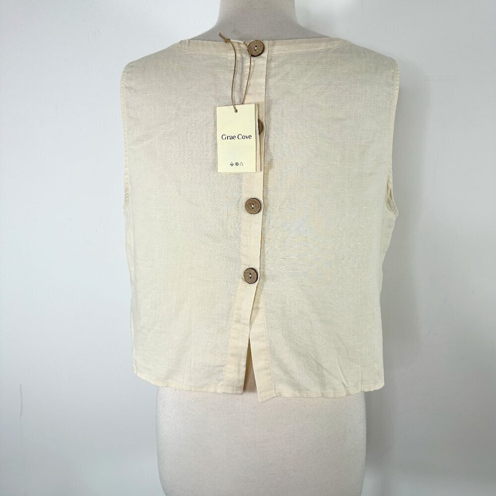 Nwt Grae Cove Women Xl Cream Crop Top Back Buttons Linen Cotton Blend — image 2 of 8